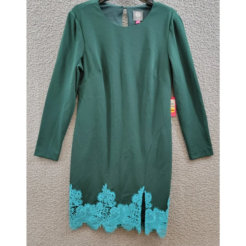 Vince Camuto Lace-Hem Bodycon Dress Women's 12 Hunter Crewneck Button Back Zip